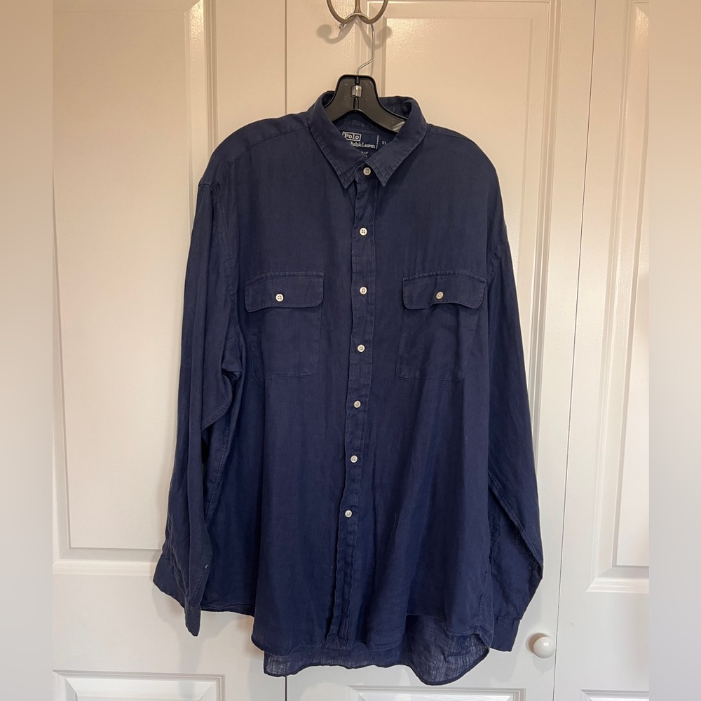 Men's Navy  linen Button-Up Shirt - Casual Long Sleeve